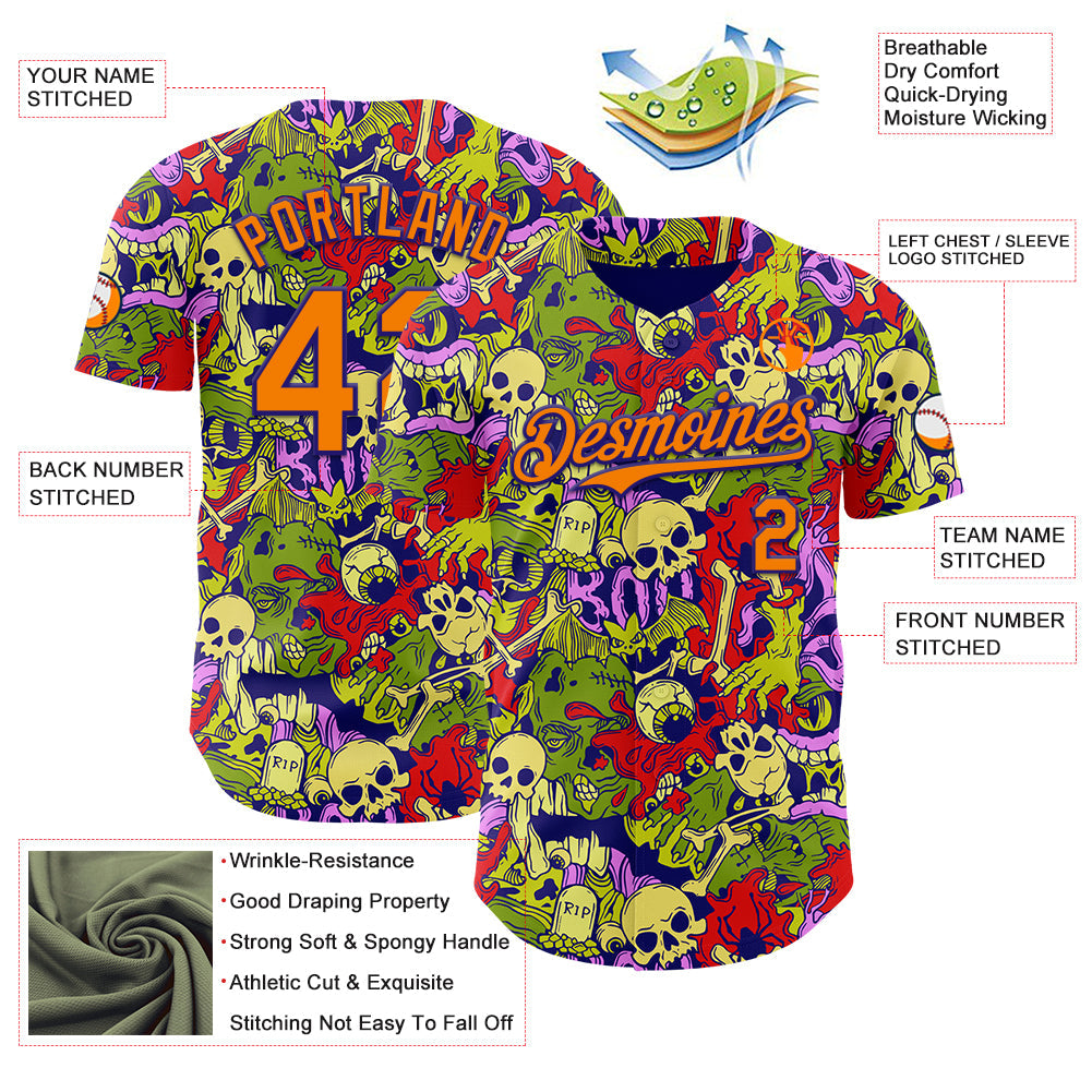 Custom Dark Purple Bay Orange 3D Halloween Skull Doodle Party Costume Ideas Authentic Baseball Jersey
