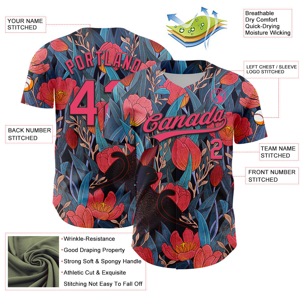 Custom Black Neon Pink 3D Syntetyc Black Cat And Tulips Authentic Baseball Jersey