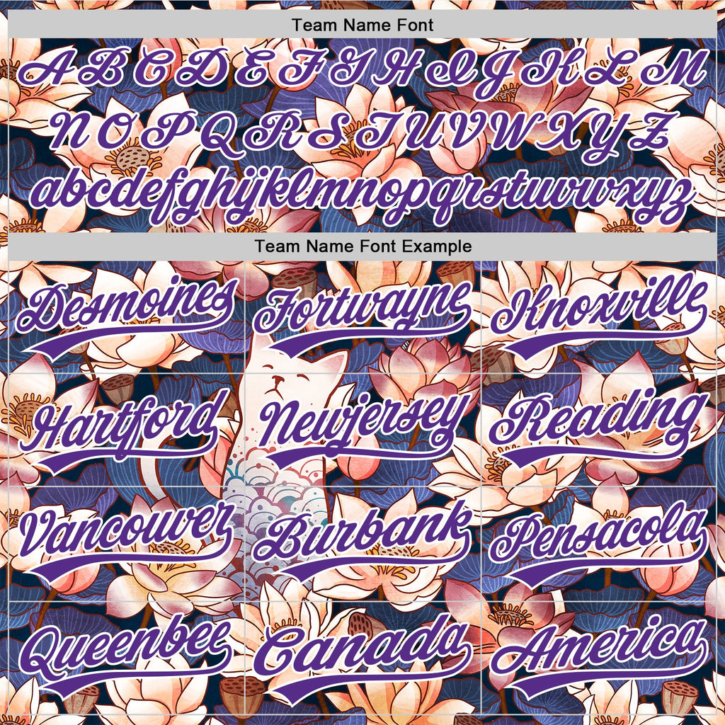 Custom Black Purple-White 3D Syntetyc White Cat Lotus Authentic Baseball Jersey