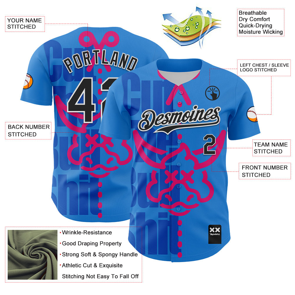 Custom Electric Blue Black-White 3D Revzzz Cut The Bullshit Authentic Baseball Jersey