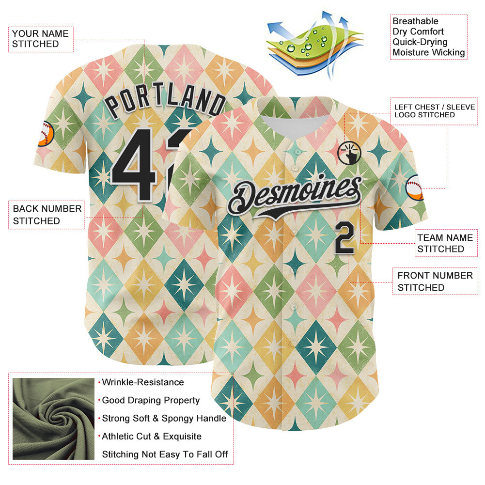 Custom Cream Black-White 3D Emi Bee Harlequin Starbursts Authentic Baseball Jersey