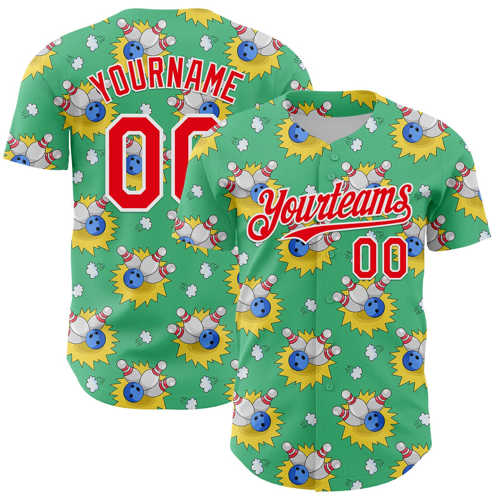 Custom Green Fire Red-White Comic Doodle Ballgame 3D Pattern Design Authentic Baseball Jersey