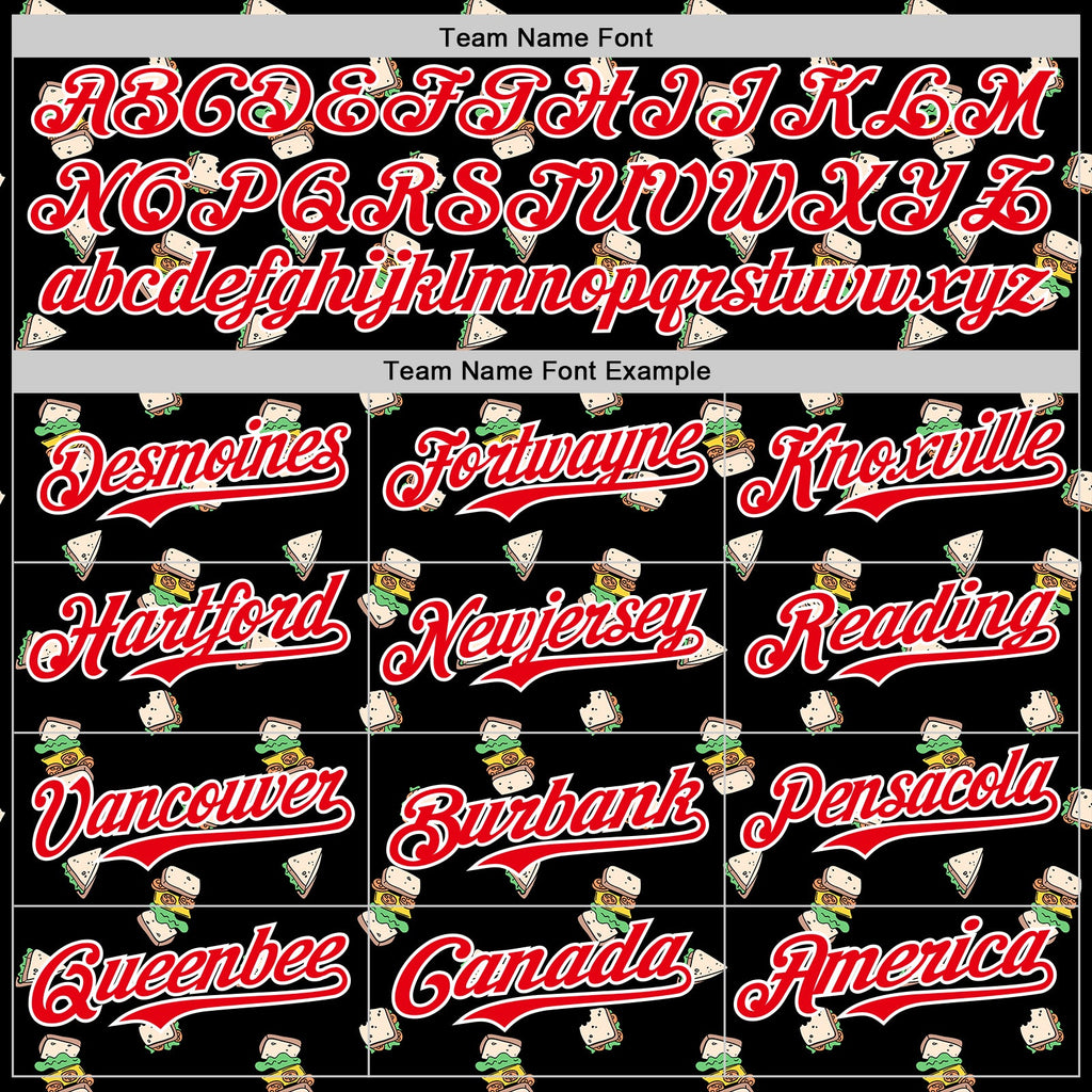 Custom Black Fire Red-White 3D Pattern Design Foodie Fast Food Sandwich Authentic Baseball Jersey