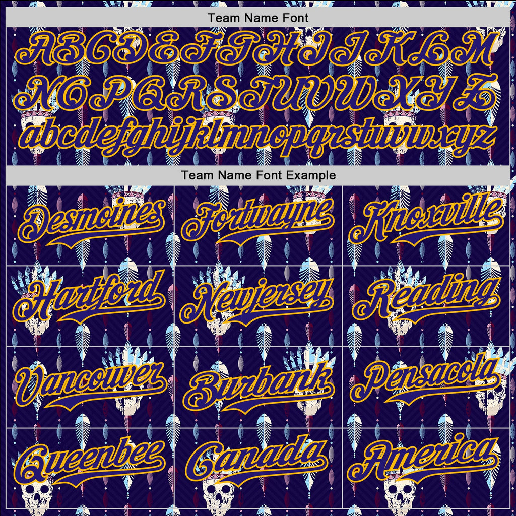 Custom Blue Dark Purple-Gold 3D Apache Skull Authentic Baseball Jersey