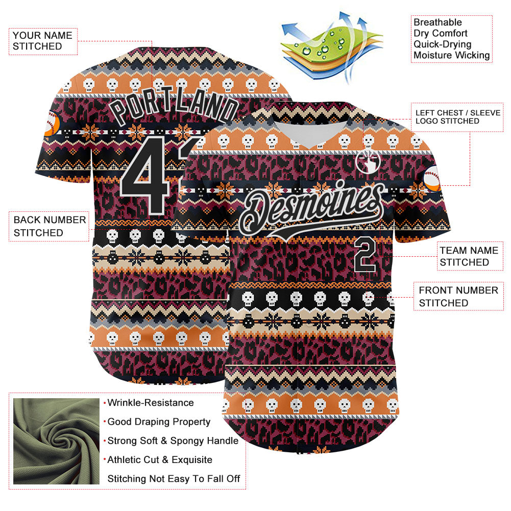 Custom Black White 3D Skull And Leopard Print Authentic Baseball Jersey