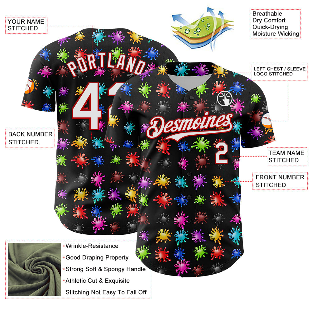 Custom Black White-Red 3D Pattern Design Splash Authentic Baseball Jersey