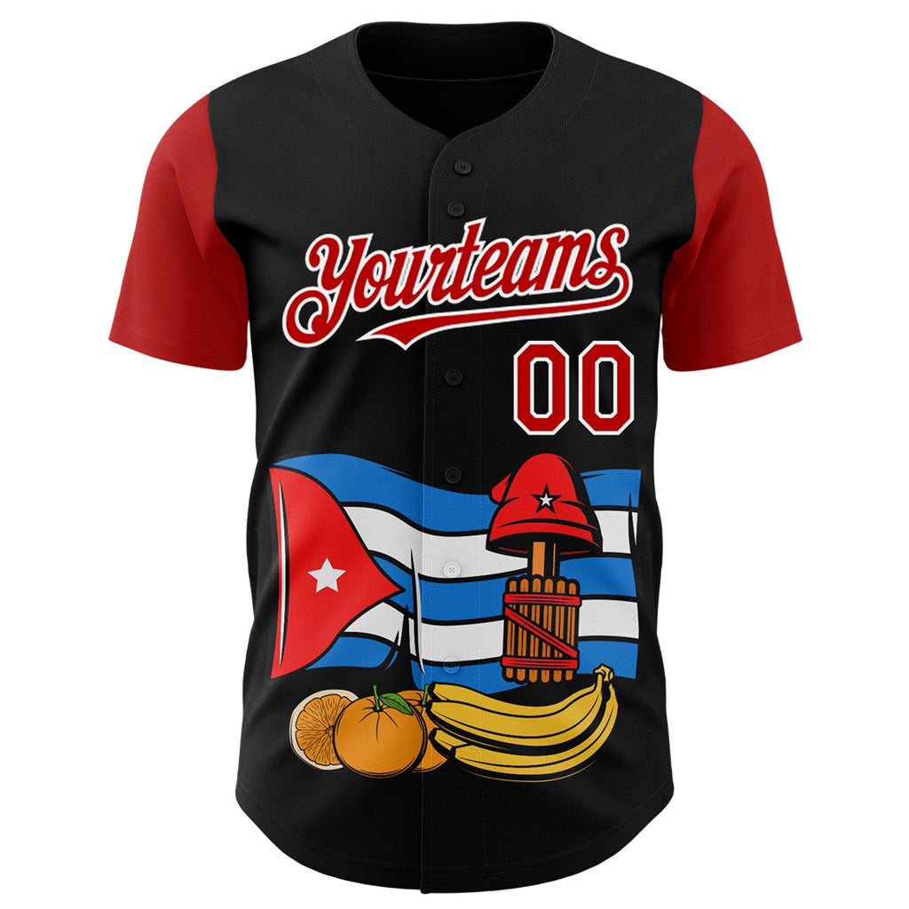 Custom Black Red-White 3D Cuba Cuban Flag Authentic Baseball Jersey