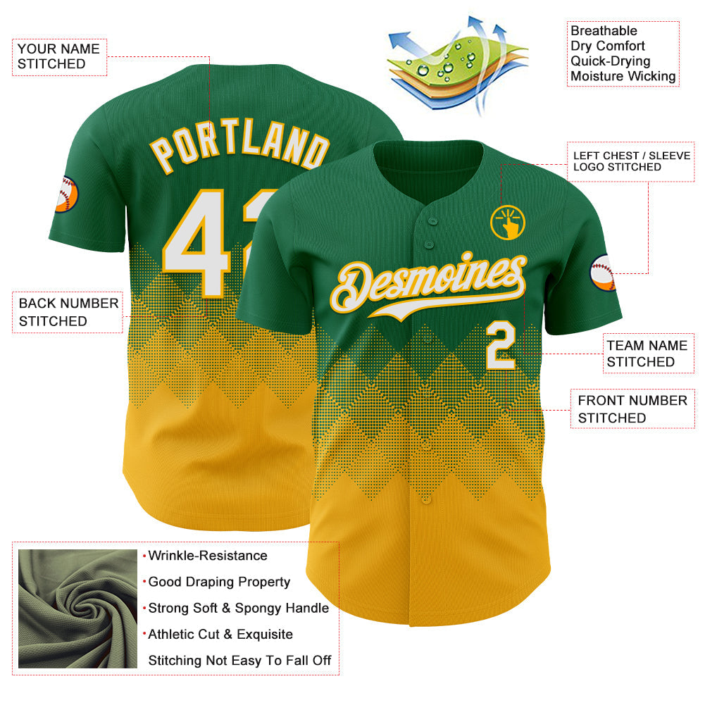 Custom Kelly Green White-Gold 3D Gradient Square Shape Authentic Baseball Jersey
