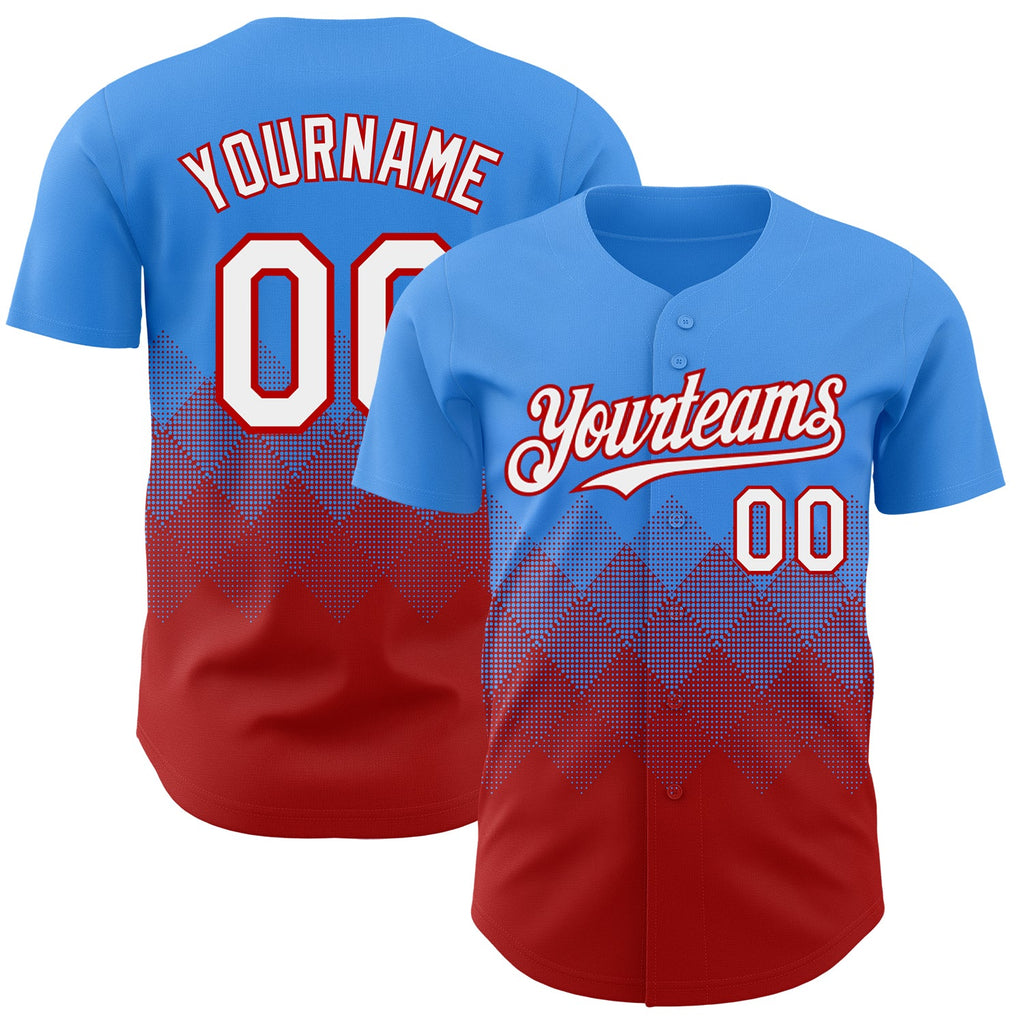 Custom Electric Blue White-Red 3D Gradient Square Shape Authentic Baseball Jersey