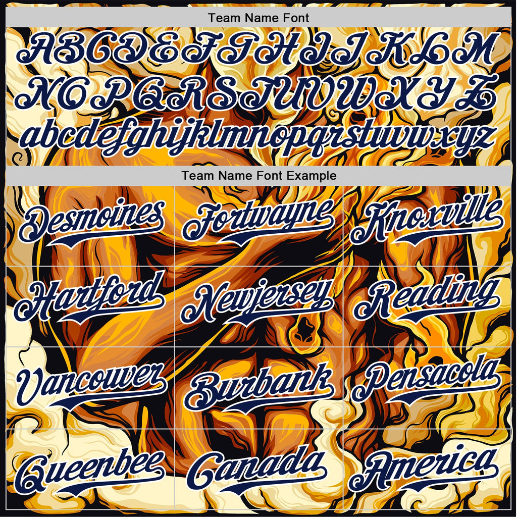 Custom Gold Navy-White 3D Pattern Design Burner Costumes Flame Authentic Baseball Jersey