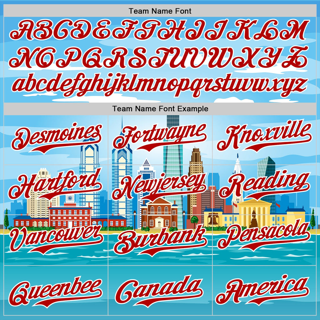 Custom Blue Red-White 3D Pattern Design Philadelphia Cityscape Skyline Authentic Baseball Jersey