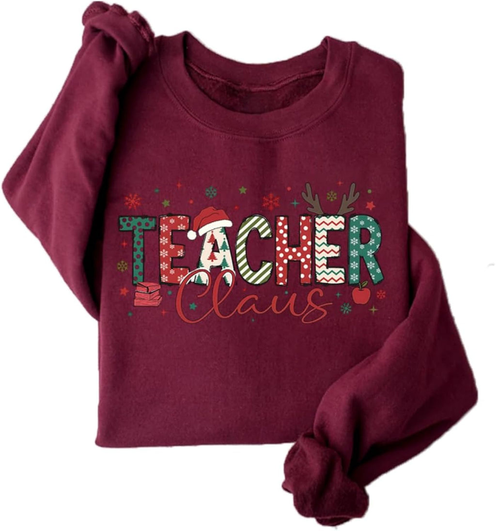 Teacher Christmas Sweatshirt Women Teacher Claus Graphic Long Sleeve Shirts Xmas Holiday Crewneck Pullover Sweater
