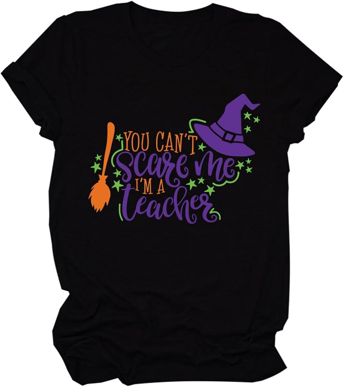 Halloween Teacher Shirts Women You Can't Scare Me I'm a Teacher Graphic Tshirt Funny Fall Halloween Short Sleeve Top
