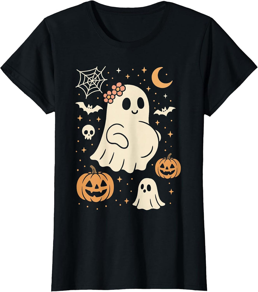 Women's Cute Pregnant Ghost with Pumpkins Halloween Outfit T-Shirt