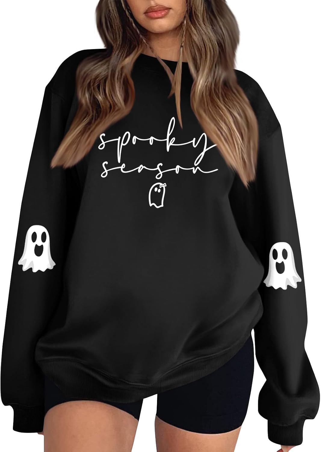 Spooky Season Sweatshirt Women's Skeleton Ghost Graphic Shirts Oversized Spooky Season Long Sleeve Pullover Top