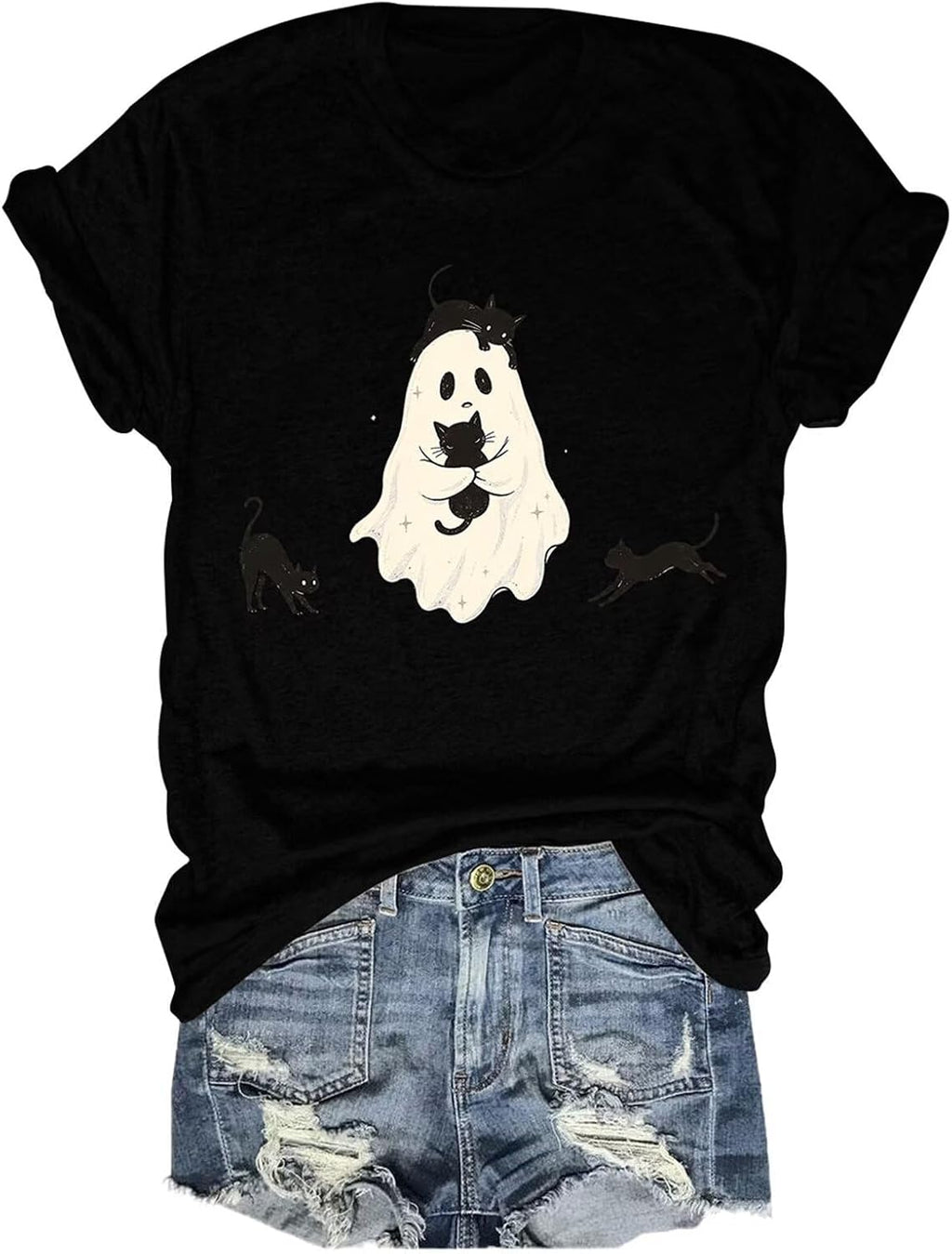 Halloween Ghost Black Cat T‑Shirt Women Spooky Season Short Sleeve