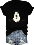 Halloween Ghost Black Cat T‑Shirt Women Spooky Season Short Sleeve