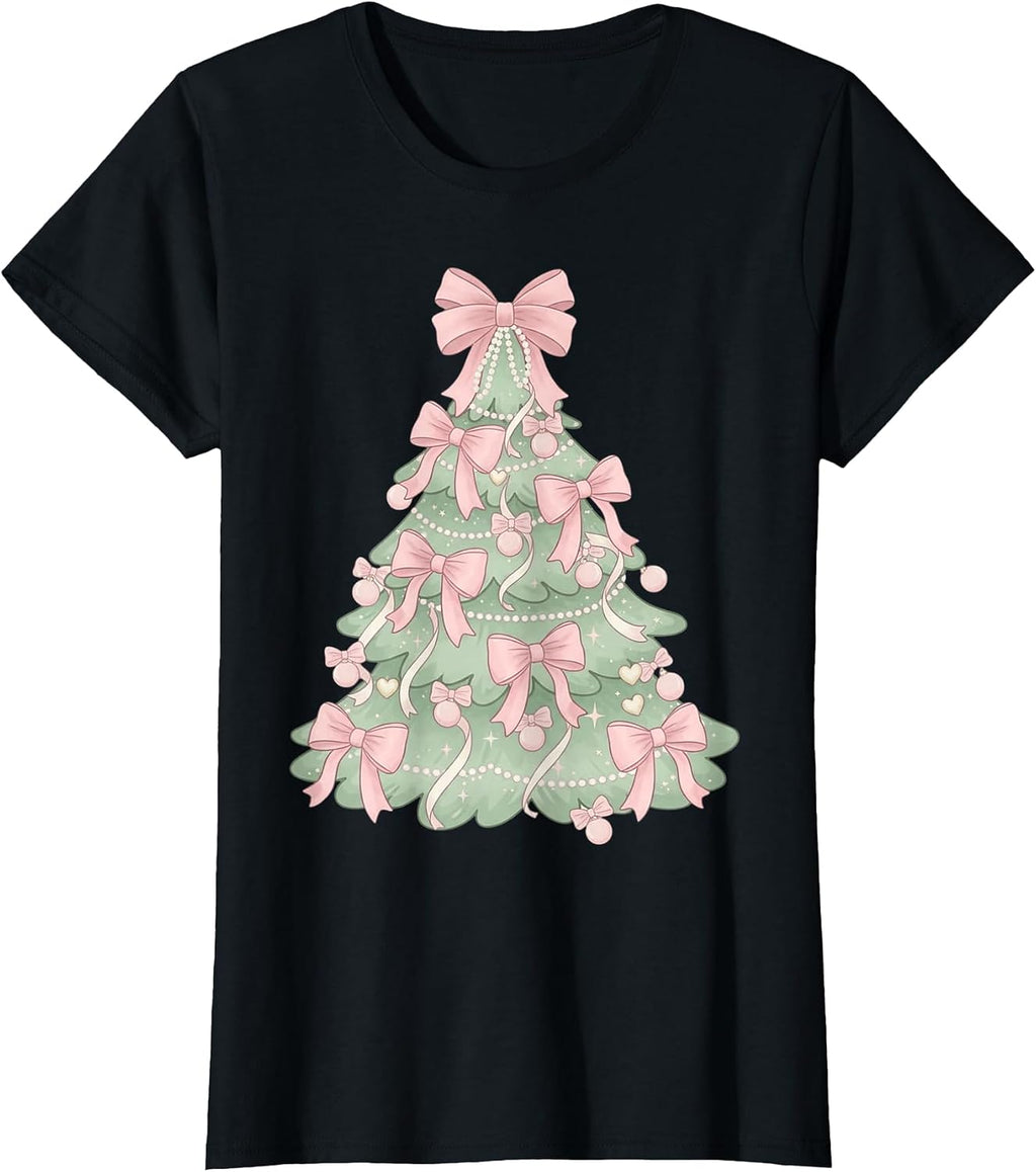 Cute Coquette Christmas Tree Pink Bow Aesthetic Holiday T-Shirt