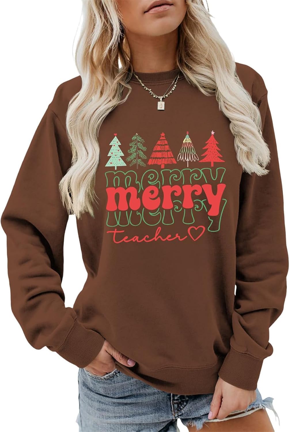 Merry Teacher Sweatshirt, Retro Christmas Sweatshirt for Teacher Women Cute Xmas Tree Shirt Crewneck Holiday Sweater