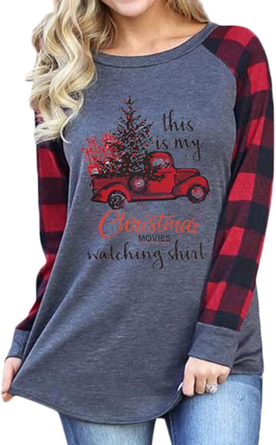Womens Merry Christmas Shirts This is My Christmas Movies Watching Shirt Long Sleeve Plaid Raglan Splicing Graphic Tee Top