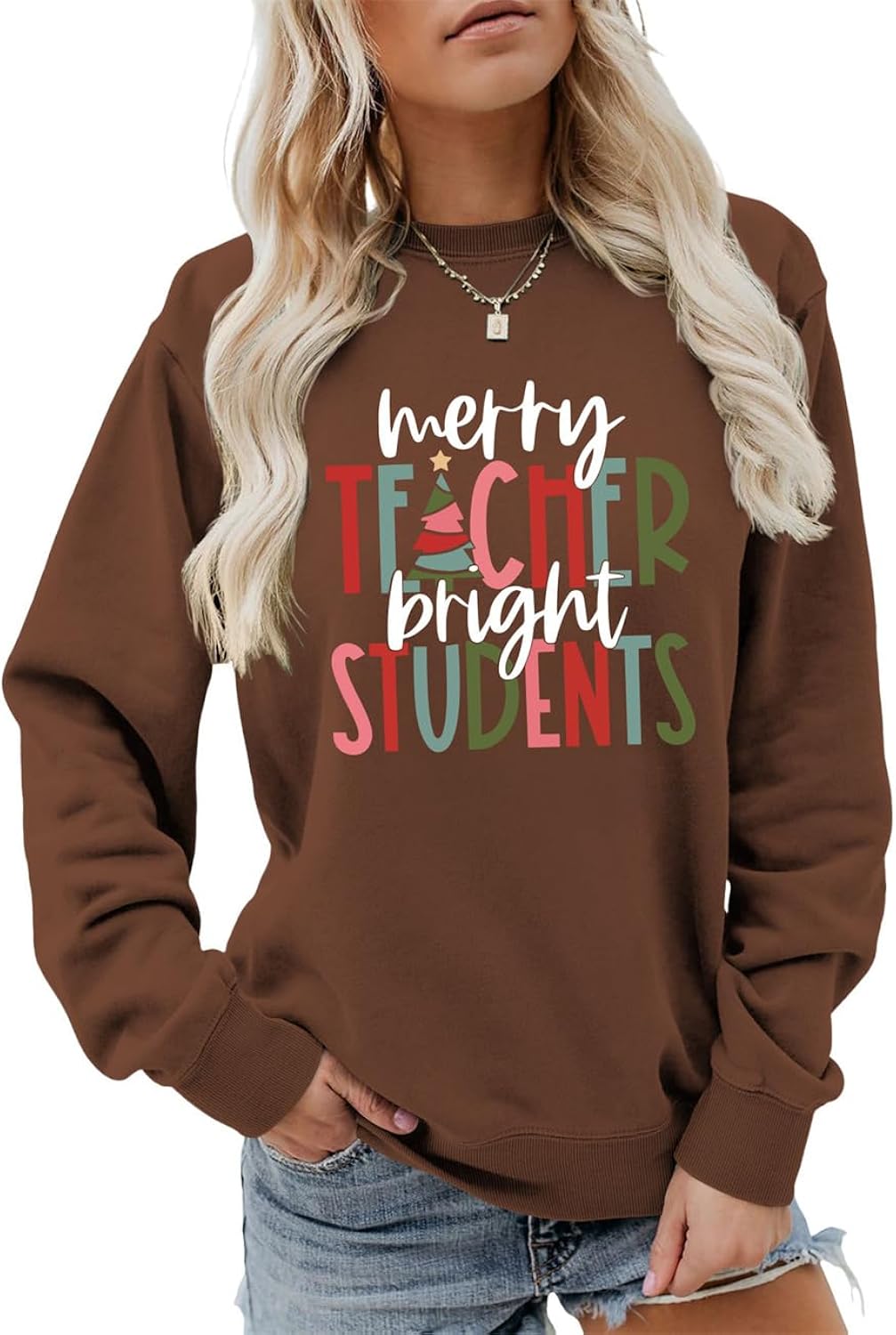 Merry Teacher Bright Students Sweatshirt Funny Christmas Shirt for Teacher Women Retro Crewneck Xmas Holiday Sweater