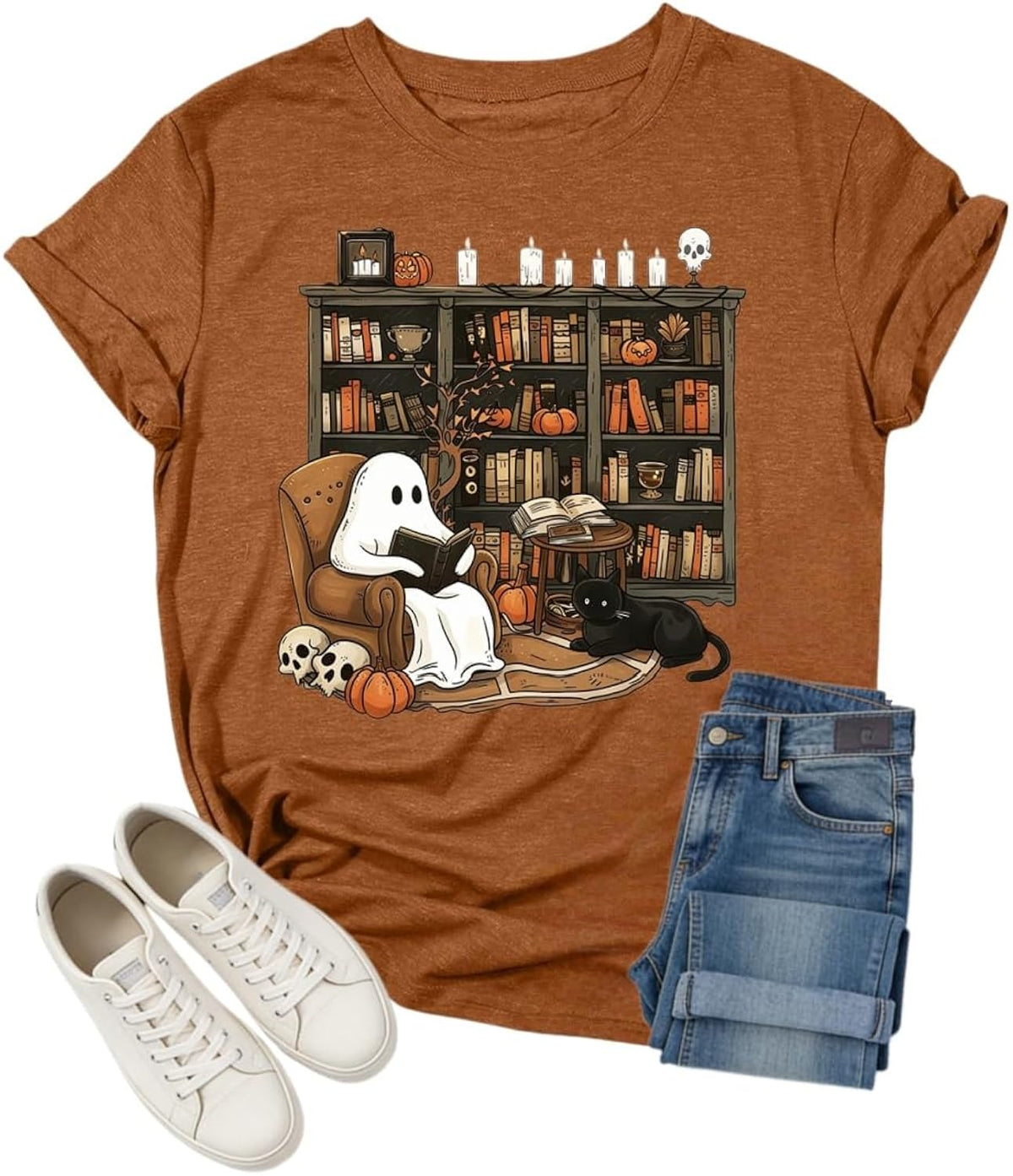 Halloween Shirts for Women Teacher Shirts Fall Shirts Ghost Reading Tops