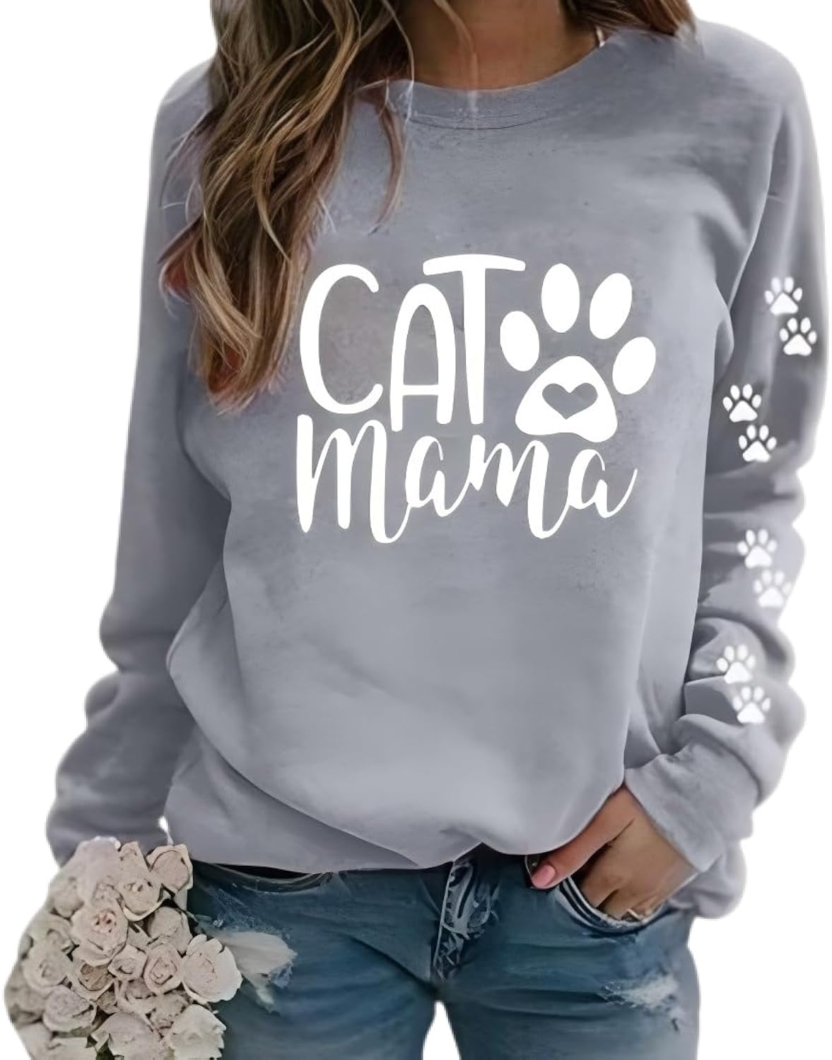 Dog Mom Shirts for Women Cat Mama Fleece Sweatshirts Pet Paw Lover Graphic Tee Xmas Winter Holiday Top