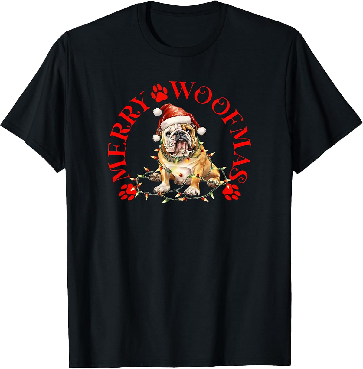 Merry Woofmas with Christmas Bulldog Dog T-Shirt