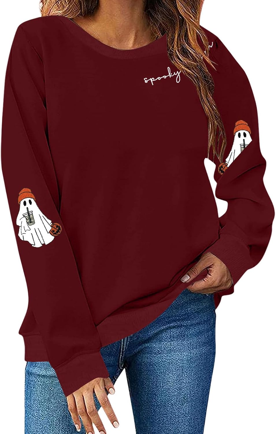 Halloween Sweatshirts for Women Spooky Season Ghost Graphic Sweatshirt Funny Cute Fall Crewneck Oversized Sweatshirt