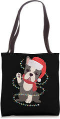 Boston Terrier Santa Claus Christmas Tree Lights Xmas Dog Tote Bag