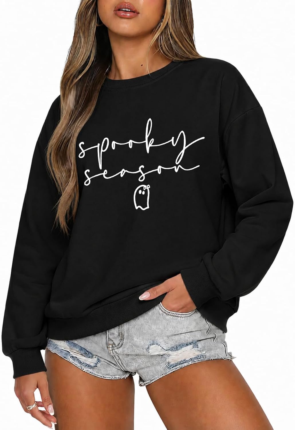 Halloween Sweatshirts for Women Cute Spooky Season Letter Print Sweatshirt Funny Ghost Fall Graphic Pullover Top