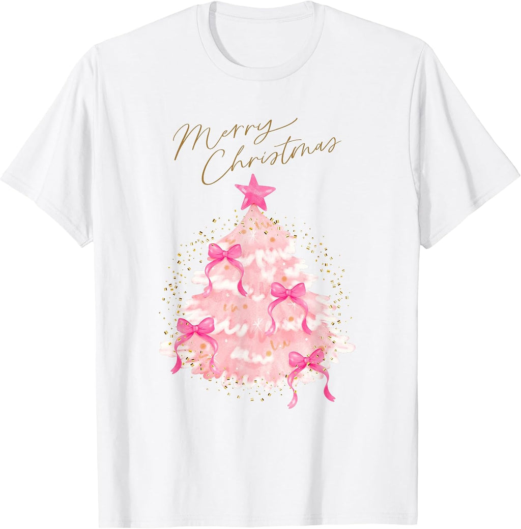 Pink Coquette Bows Christmas Tree Femme Women Girls Holiday T-Shirt
