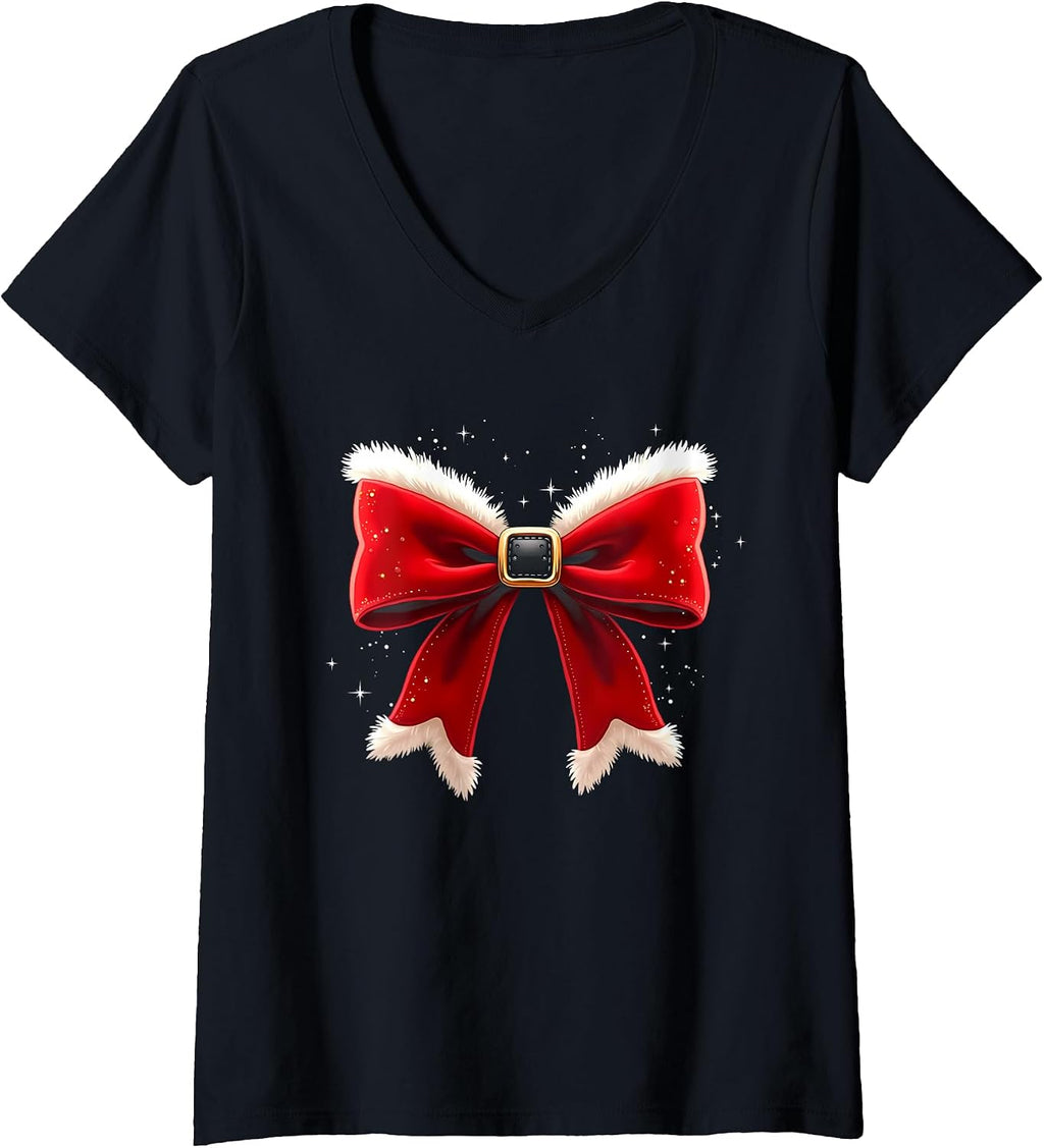 Womens Christmas Coquette Bow Xmas Santa Bow Coquette Xmas V-Neck T-Shirt
