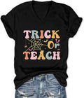 Halloween Teacher T Shirt for Women Cute Ghost with Pencil Graphic Tee Casual Short Sleeve V Neck Tops Teach Tees
