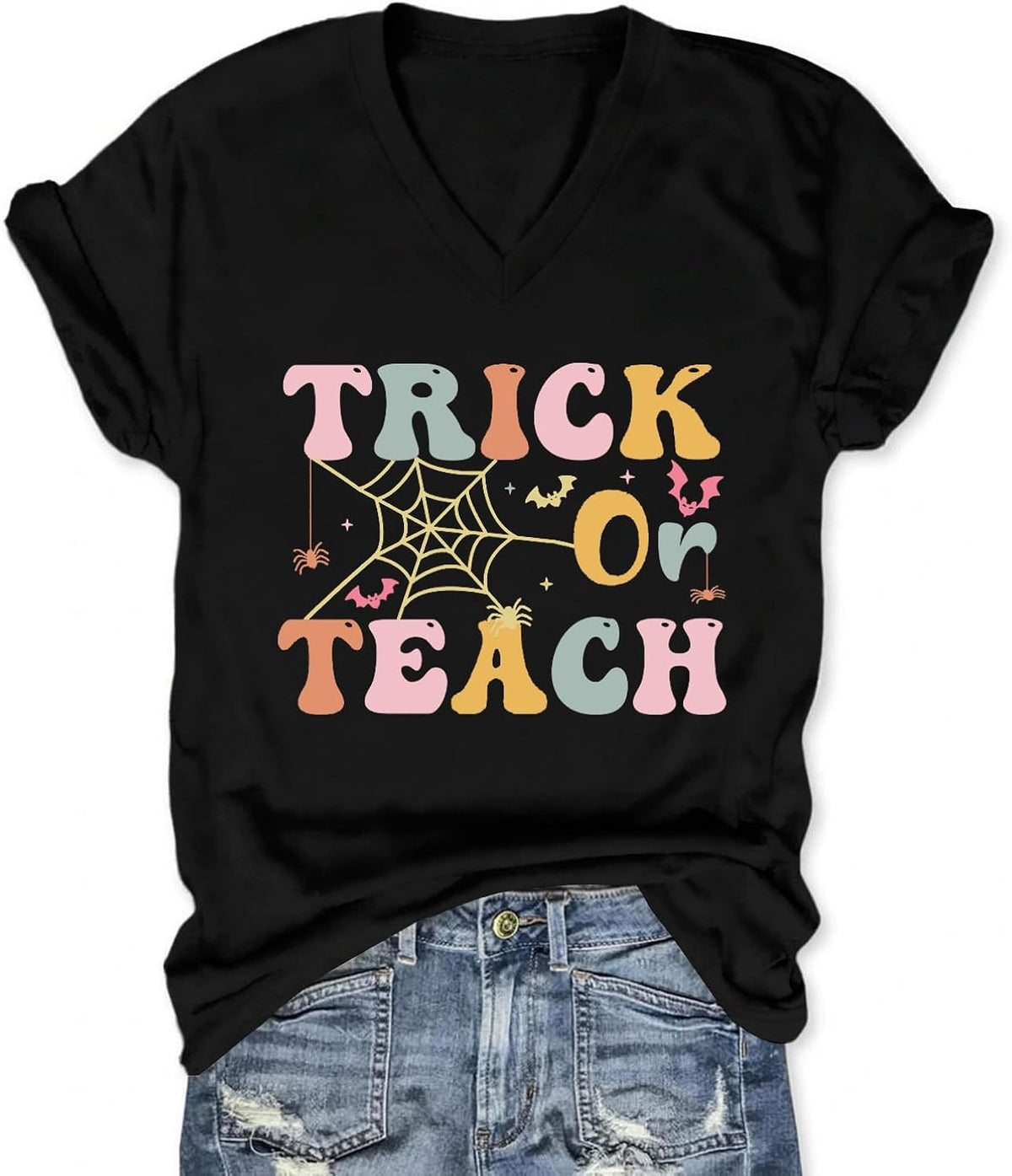 Halloween Teacher T Shirt for Women Cute Ghost with Pencil Graphic Tee Casual Short Sleeve V Neck Tops Teach Tees