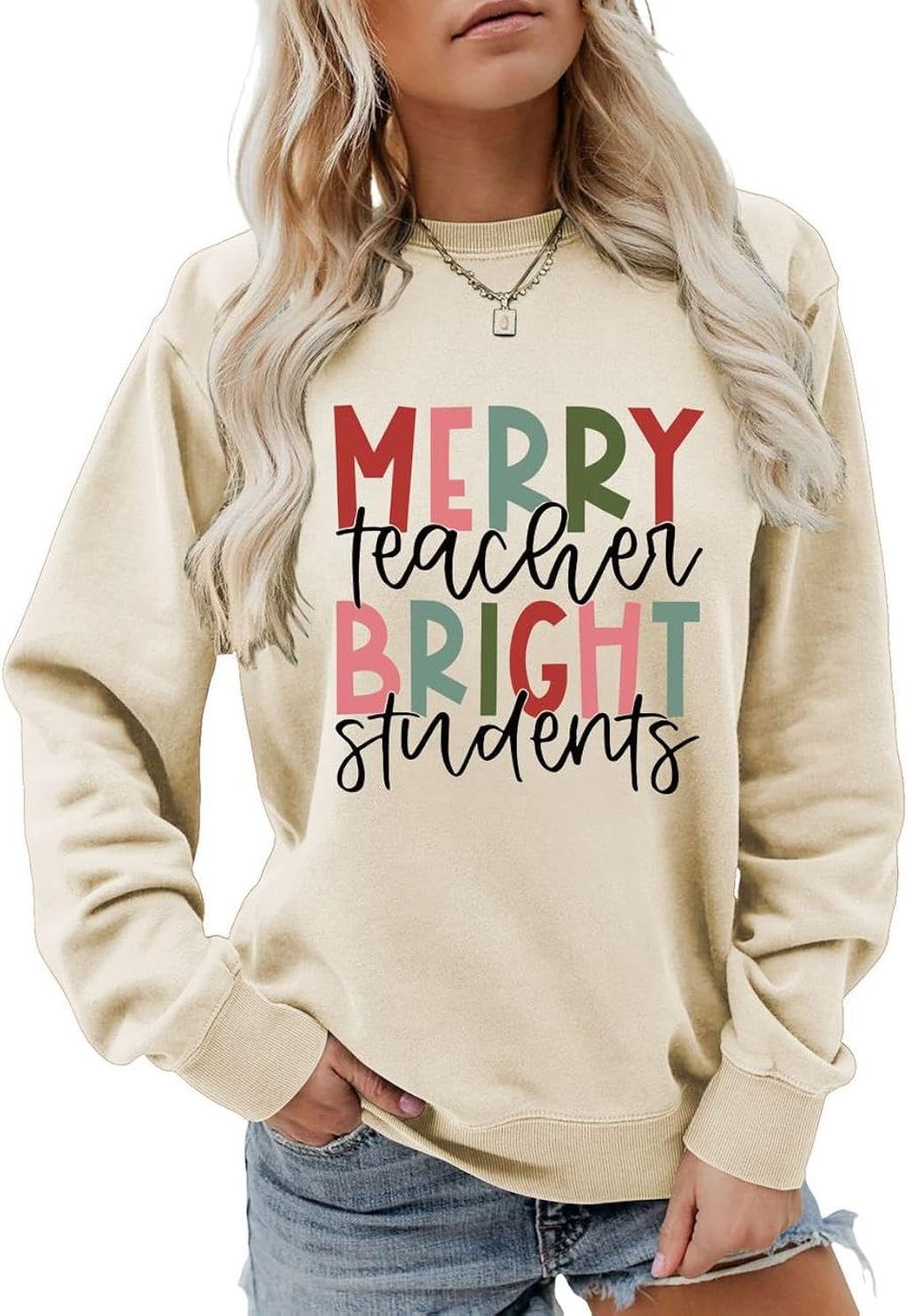 Merry Teacher Bright Students Sweatshirt Christmas Teacher Shirt Xmas Holiday Long Sleeve Crewneck Pullover Top