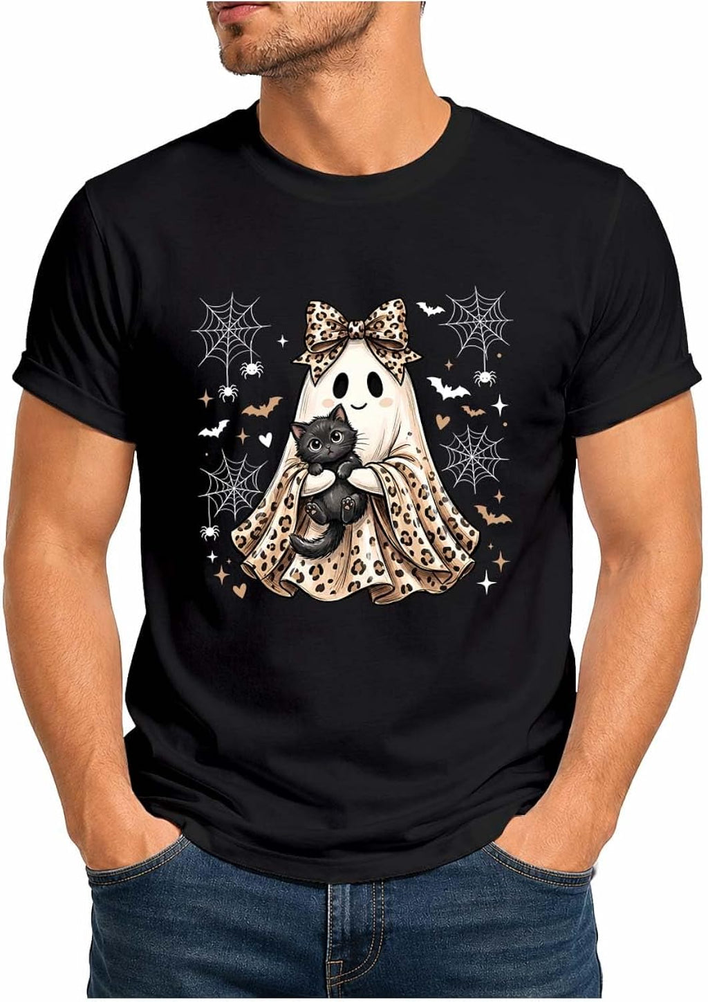 Halloween Leopard Bow Ghost Holding Cat Shirt Fall Spooky Season T-Shirt
