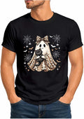 Halloween Leopard Bow Ghost Holding Cat Shirt Fall Spooky Season T-Shirt
