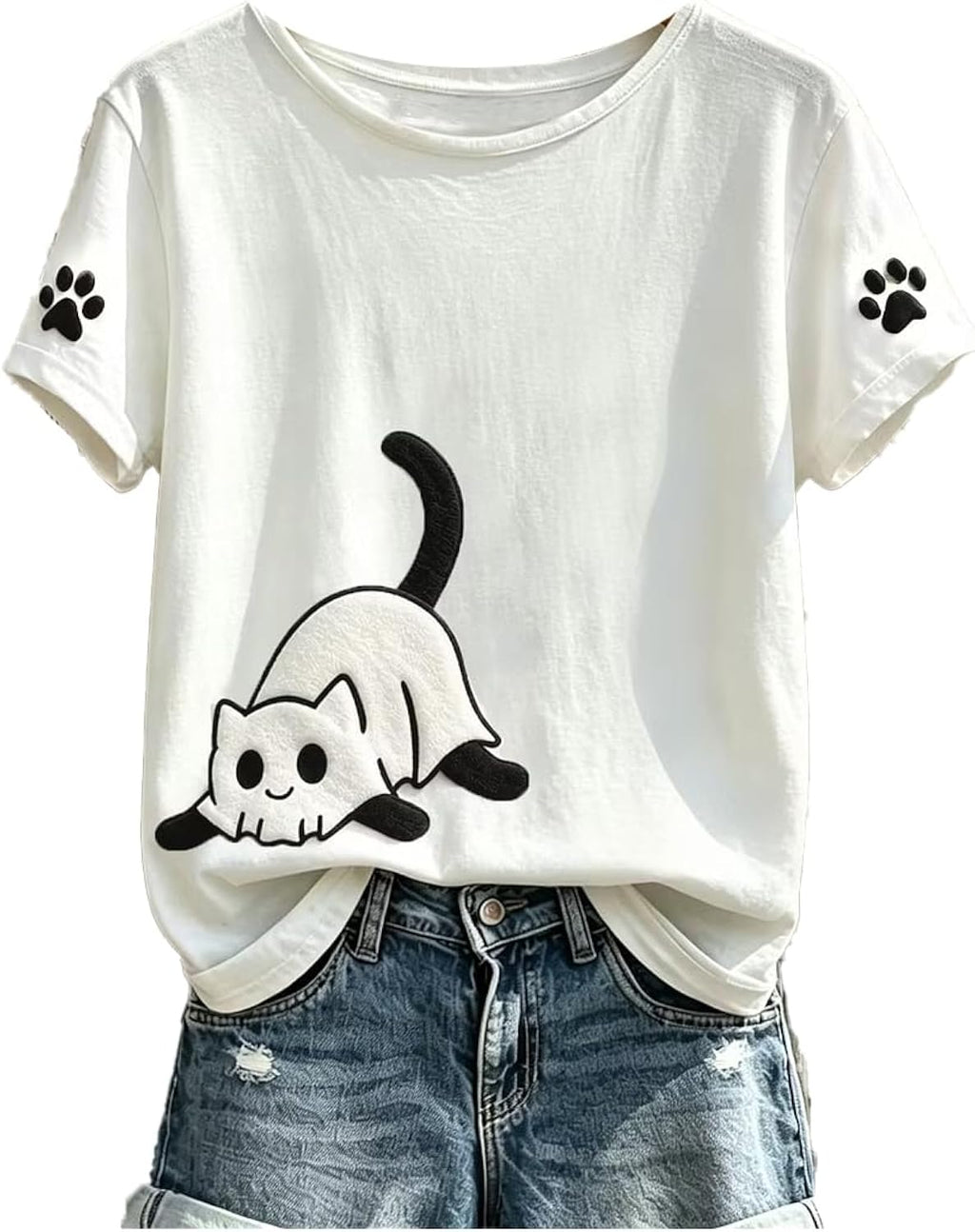 Women's Retro Halloween Cute Cat Print T-Shirt Black Cat Halloween Shirts