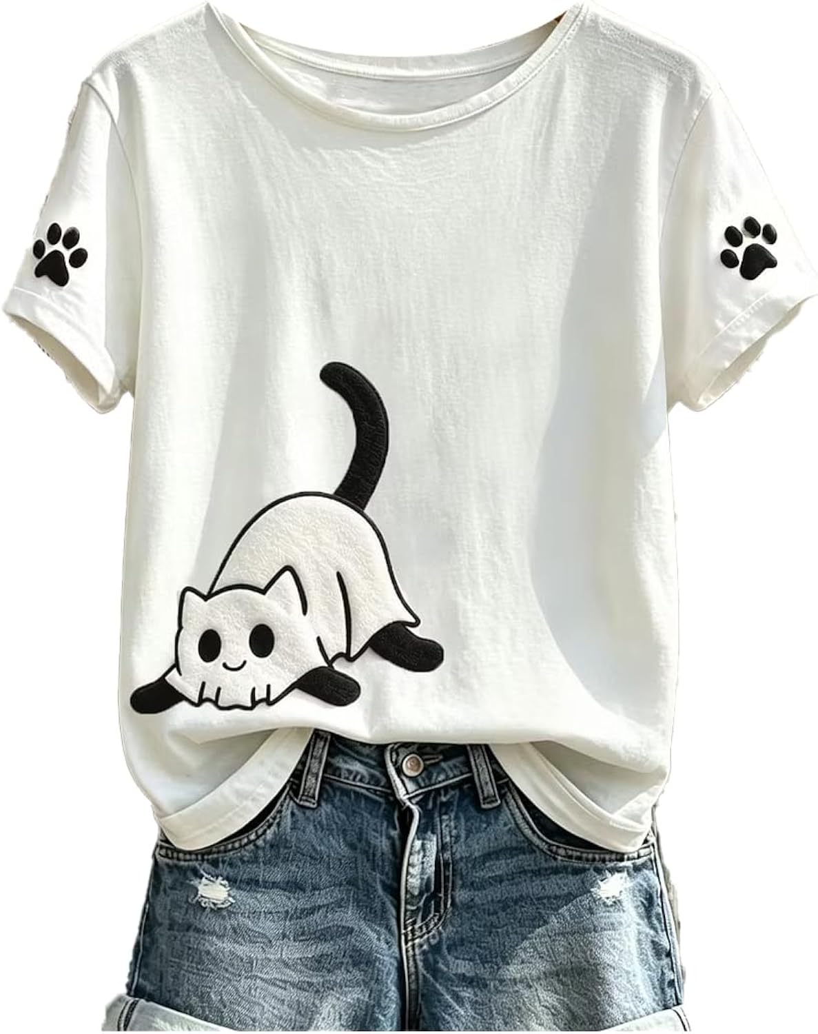 Women's Retro Halloween Cute Cat Print T-Shirt Black Cat Halloween Shirts