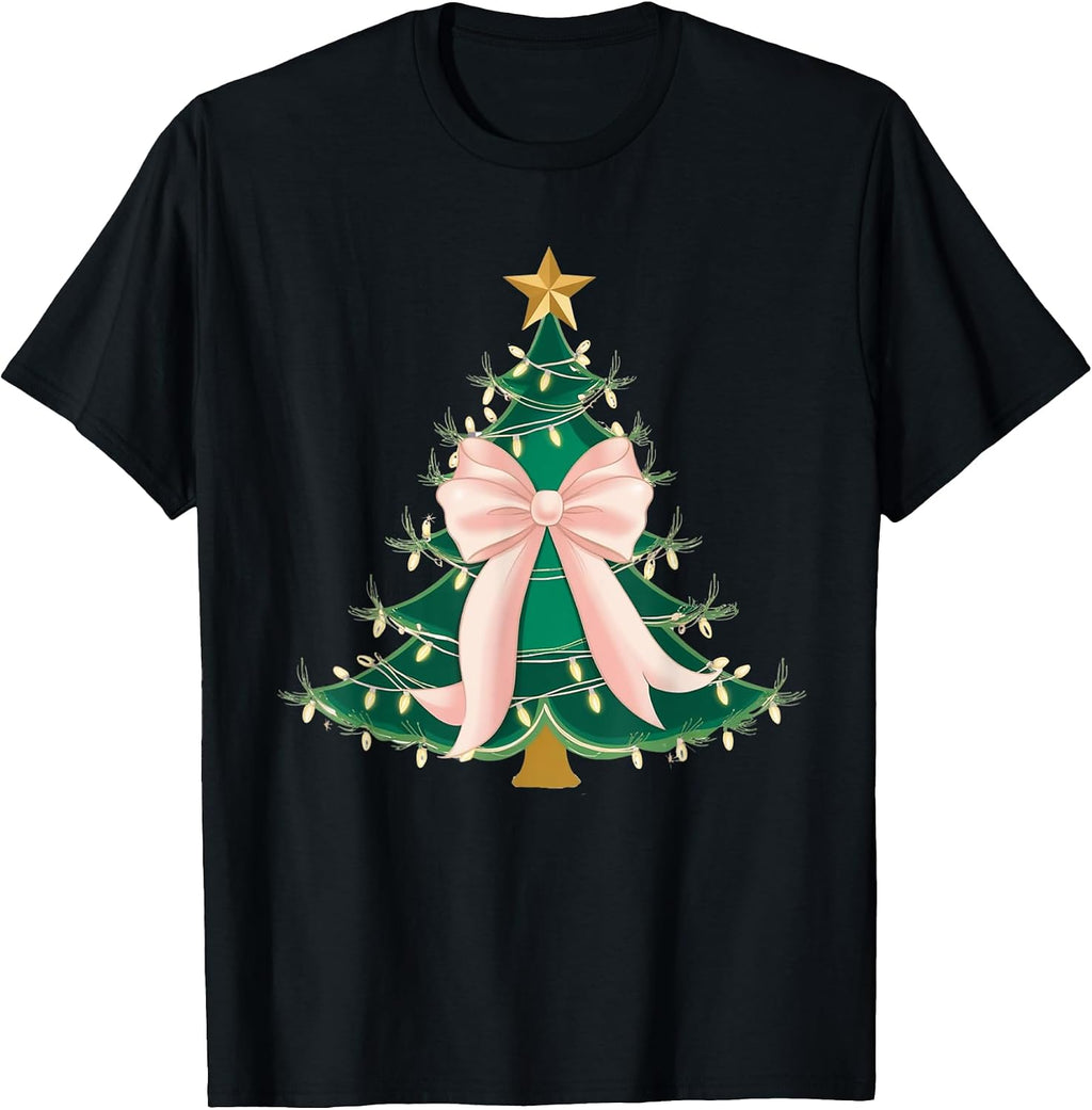 Coquette Bow Pink Christmas Tree Bows Xmas Women Girly T-Shirt