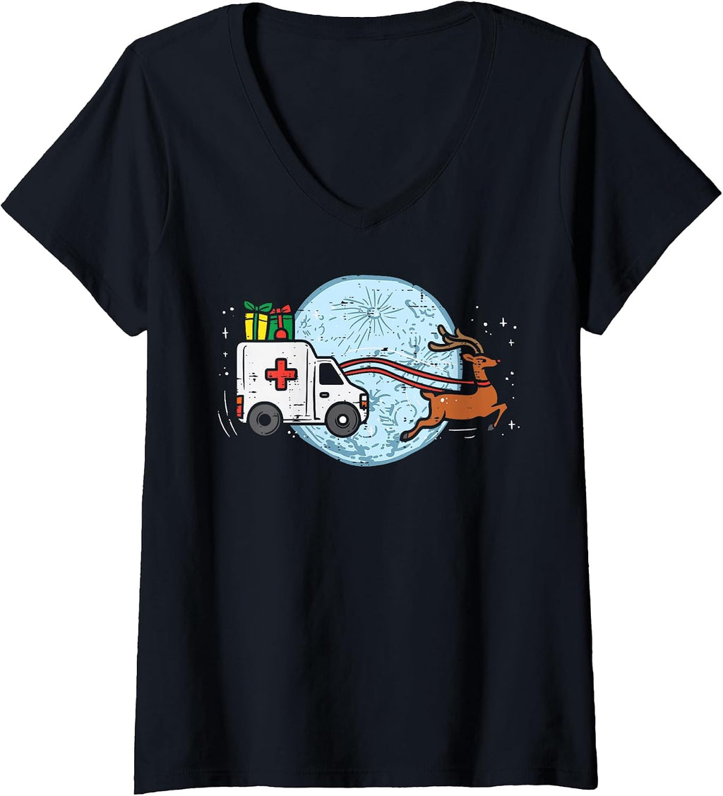 Women's Ambulance Reindeer Nurse Christmas Xmas Medical V-Neck T-Shirt