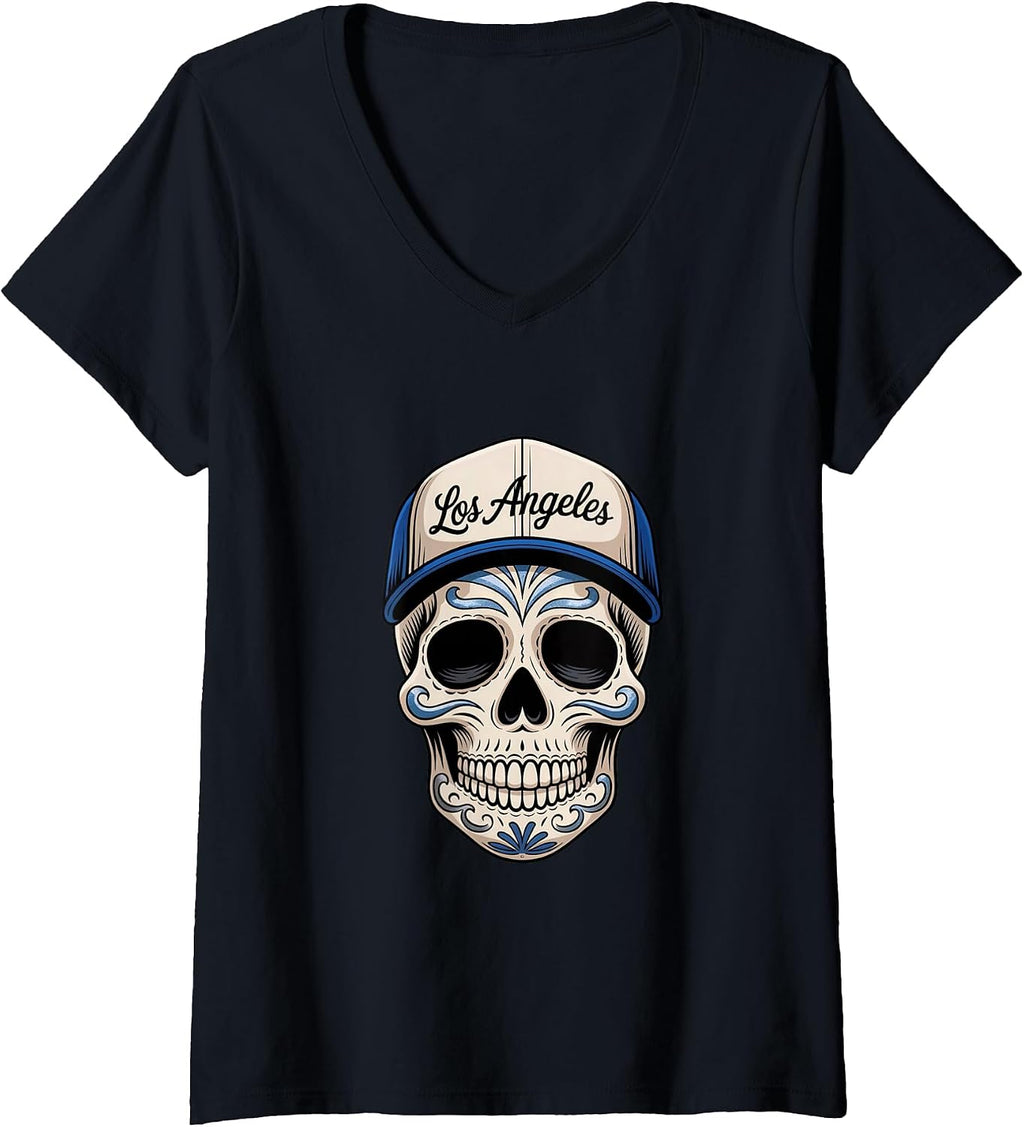 Womens Los Angeles Mexican Sugar Skull Blue White Design V-Neck T-Shirt
