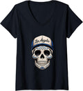Womens Los Angeles Mexican Sugar Skull Blue White Design V-Neck T-Shirt