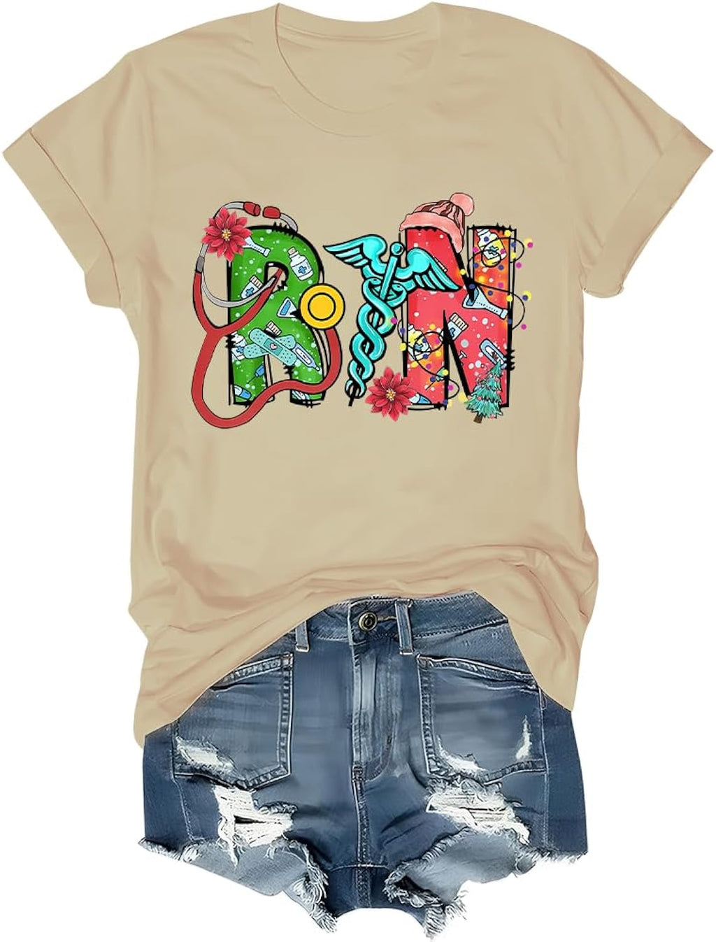 Christmas Nurse Shirt Registered Nurse Christmas Shirts for Women Man RN Registered Healthcare V Neck Tshirt