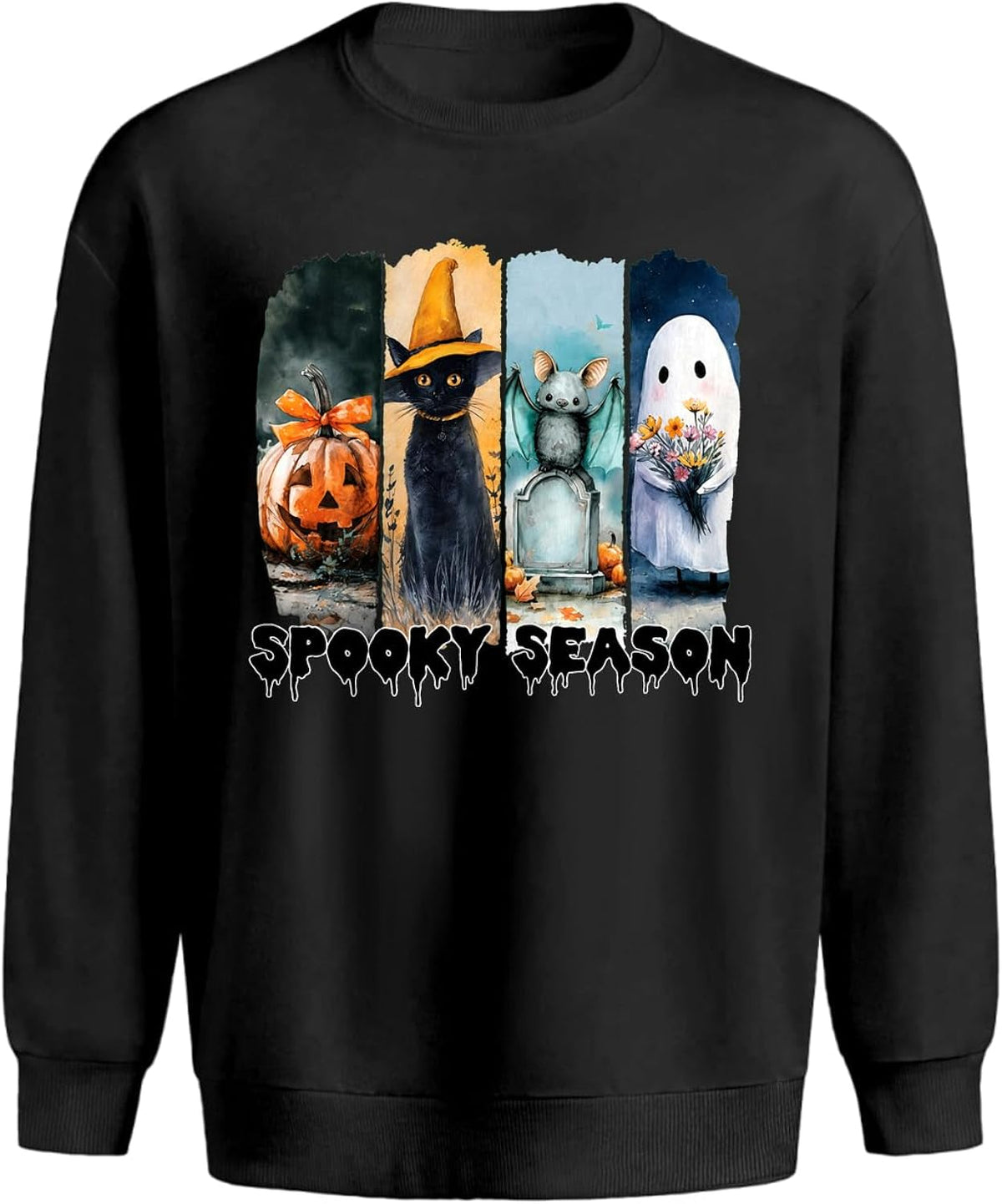 Spooky Season Crewneck Sweatshirt, Pumpkin Cat Bat Ghost Graphic