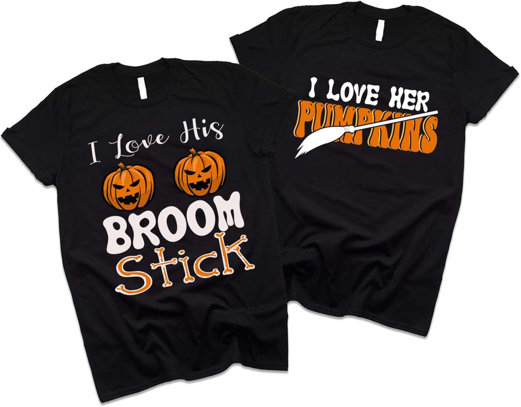 Halloween Couple Shirts, I Love her Pumpkins I Love his Broom Stick, His and Her T-Shirt, Honeymoon Halloween Fall Gift