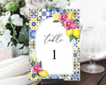 Mediterranean Lemon Table Number, Blue Tiles Bougainvillea Lemon, Tuscan Italian Template, Santorini, Modern Elegant Table Seating, ME2