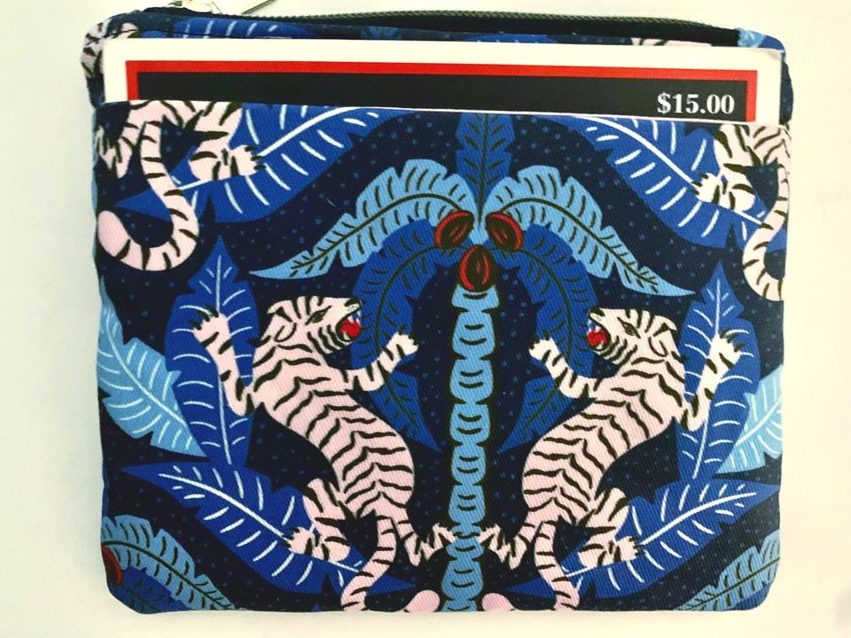 Mahjong Zipper Pouch with Outside Slip Pocket for Your Card - Pink Tigers on Blue