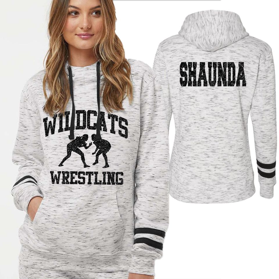Ladies Wrestling Team Custom Personalized Glitter Design Melange Fleece Women's Striped-Sleeve Hooded Sweatshirt by J. America - 8674